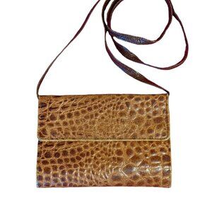 Vintage Tusk Folio Wallet Bag Faux Croc Embossed Brown Crossbody